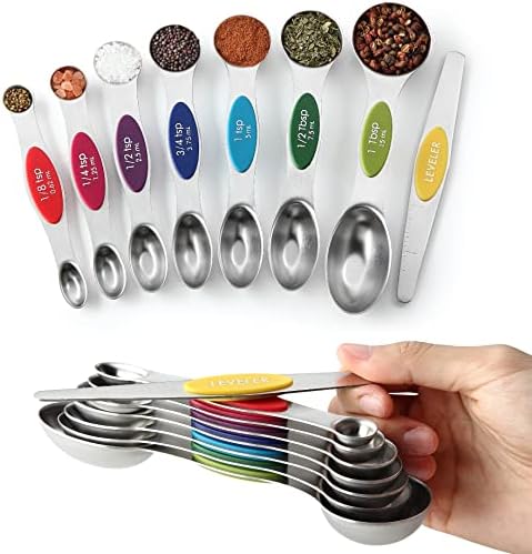 Spring Chef Multicolor Stainless Steel Magnetic Measuring Spoons Set of 8 with Leveler, Nesting Metal Teaspoon & Tablespoon Measuring Spoons, Kitchen Gadgets for Baking & Cooking - 2 Pack