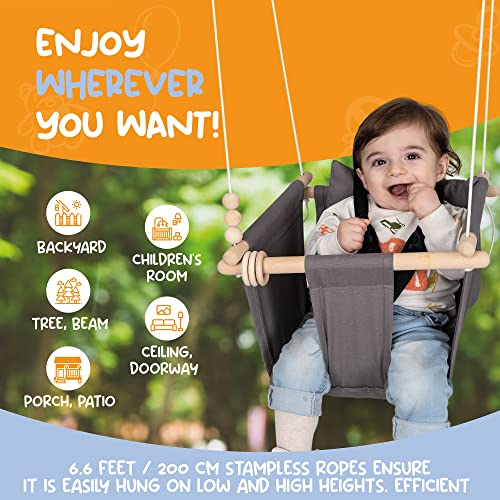 Indoor Outdoor Baby Swing with 3-Point Harness and Hardware for Ceiling, Porch, Doorway, Canvas Baby Swing Outdoor Toddler Swing Seat Dark Gray