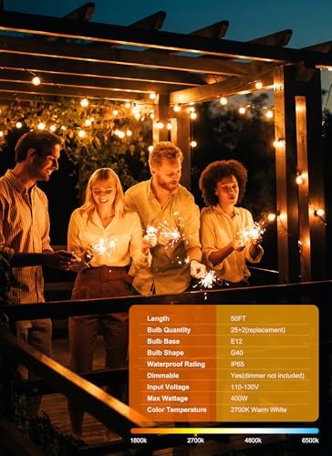 Brightown Outdoor String Lights, 50FT 25 G40 Bulbs Shatterproof Patio Lights, IP65 Waterproof Dimmable Hanging Connectable Globe LED Outdoor Lights for Backyard, Bistro, Porch, Deck, Balcony