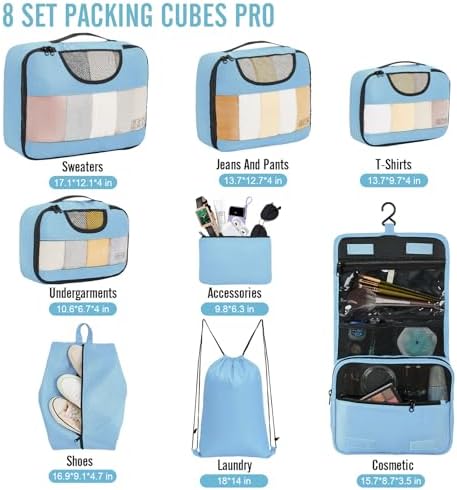 Veken 8 Set Packing Cubes for Travel Essentials, Suitcase Organizer Bags in 4 Sizes, Carry-On Luggage Accessories with Large Laundry & Hanging Toiletry Bag, Must-Have for Airplane, Road Trip & Camping