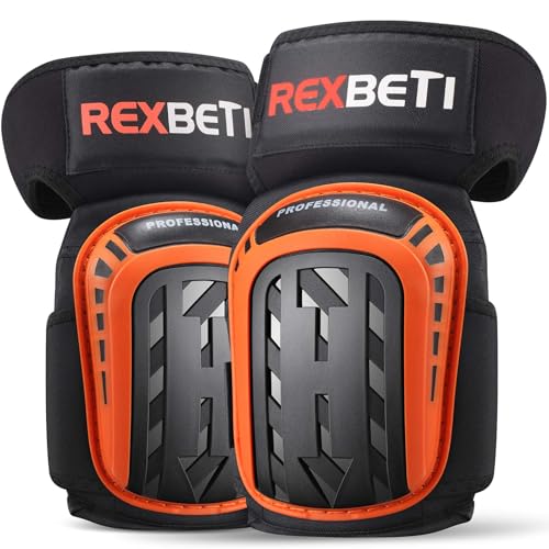 REXBETI Knee Pads for Work, Construction Knee Pads for Men, Heavy Duty Comfortable Anti-slip Foam Gel Knee Pads for Gardening Flooring and Cleaning, Strong Stretchable Straps, Orange