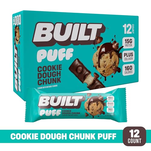 Built Bar, Puff Protein Bars, Cookie Dough Chunk Puff, 15g Protein Snacks, On-The-Go Bars, Only 160 Calories, 8g Sugar, Collagen, Not Gluten Free, 12 Count