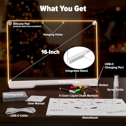 16-Inch Rechargeable Doodle Glow LED Note Board, 7-Color Light Modes, Neon Art Dry Erase Light Up Drawing Pad with Built-in Stand, Sketching Gift Toy for Kids/Girls/Teens, 5 Markers & Tracing Book