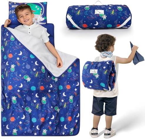 Toddler Nap Mat with Pillow and Blanket, Soft Sleeping Bag for Kids Boys and Girls, Slumber Bags Kids for Preschool, Daycare, Travel, Camping, 54" x 33" Great for Ages 3-6