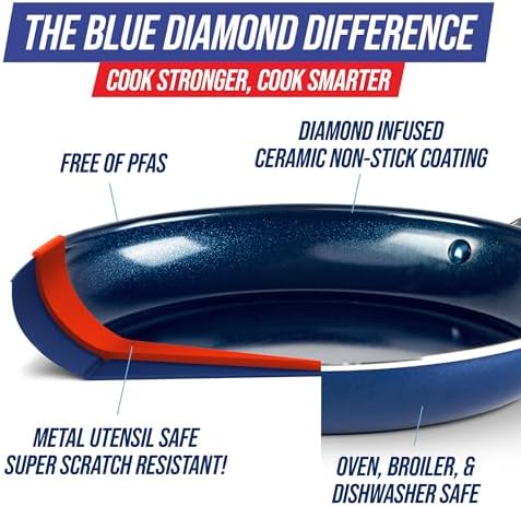 Blue Diamond 8" Nonstick Frying Pan Skillet, Diamond Infused PFAS & PTFE-Free Ceramic Pot, Dishwasher & Oven Safe, Stay Cool Handle, Durable Non Toxic Metal Utensil Safe, Egg & Omelet Pan, Blue