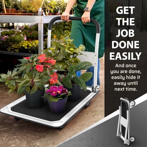 Upgraded Foldable Push Cart Dolly | 330 lbs. Capacity Moving Platform Hand Truck | Heavy Duty Space Saving Collapsible | Swivel Push Handle Flat Bed Wagon (White, 660 lbs. Capacity)