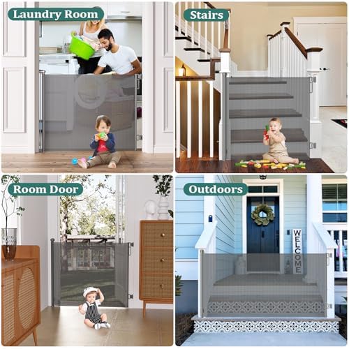 Babepai Retractable Baby Gates Extra Wide | 55" Wide x 38" Tall Dog Gates for Stairs | Indoor/Outdoor Use | Child Gates for Doorways, Deck, Porch, Hallways, Patio - Gray