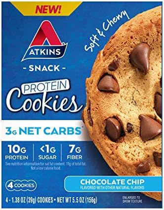 Atkins Chai Tea Latte Protein Shake with 15g Protein, 3g Net Carbs, 1g Sugar and Atkins Chocolate Chip Protein Cookie with 10g Protein, 3g Net Carbs, 1g Sugar, Keto Friendly, 4 Count