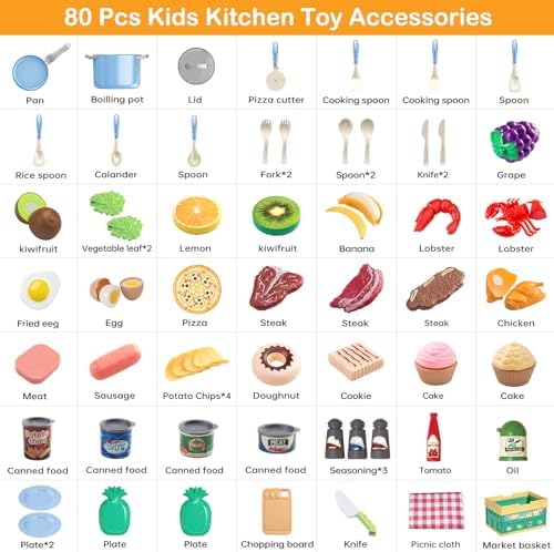 80Pcs Kitchen Playset, Toddler Pretend Cooking with Pots, Pans, Cookware, Food, Picnic Blanket, Fruits, Veges, Shopping Storage Basket, Dessert, Learning Gift for Girls Boys (Blue)