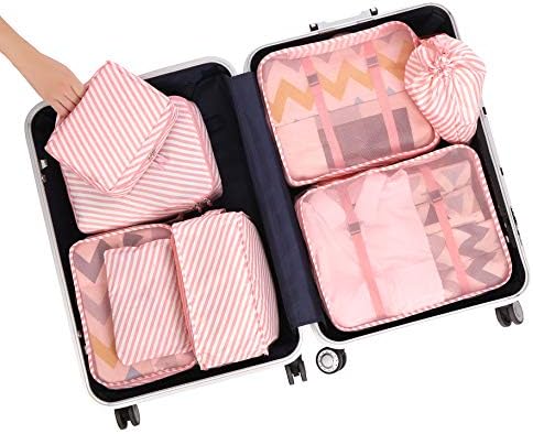 BAGAIL 8 Set Packing Cubes Luggage Packing Organizers for Travel Accessories-White and Pink Stripe