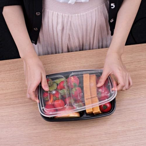 Glotoch Express 32oz Black Two-Compartment Square Meal Prep Containers, Food Storage Containers with Lids for Microwave Dishwasher Freezer Safe 300pack