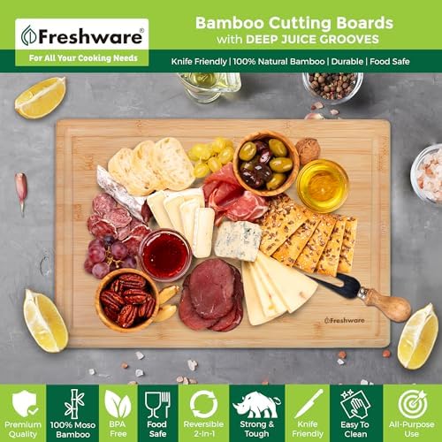 Freshware 20 Inch 2XL Bamboo Cutting Boards for Kitchen, Stove Top Butcher Block, Extra Large Wooden Carving Board for Meat, Veggies, Charcuterie Board with Deep Juice Grooves (2XL, 20x14")