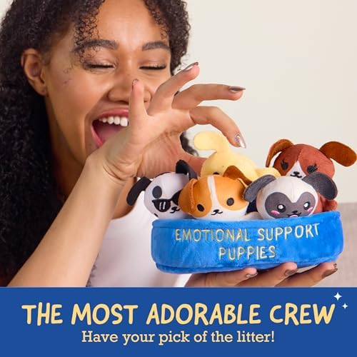 WHAT DO YOU MEME? Emotional Support Puppies by Relatable, Cuddly Stuffed Animals, Plushies, and Cute Stuff, Great Gift Ideas for Loved Ones of All Ages, Includes 5 Plushies with Carrying Basket