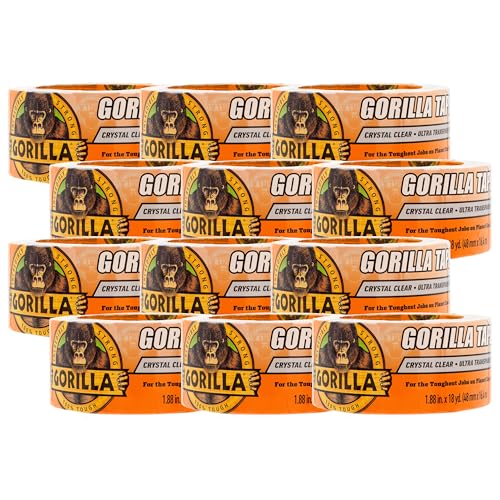 Gorilla Crystal Clear Tape, 1.88” x 18 yd (Pack of 12) - Weather Resistant for Indoor or Outdoor Projects and Repairs
