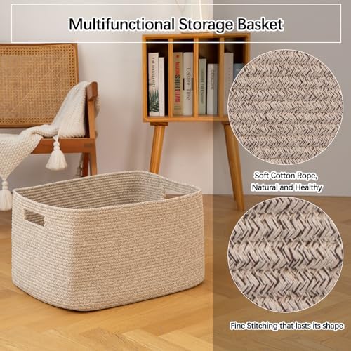 OIAHOMY 75L Large Blanket Basket, Woven Blanket Storage Basket with Handle, Cotton Rope Basket for Organizing 22”x17”x12”, Blanket Basket living Room, Toy Basket for Nursery, Brown variegated