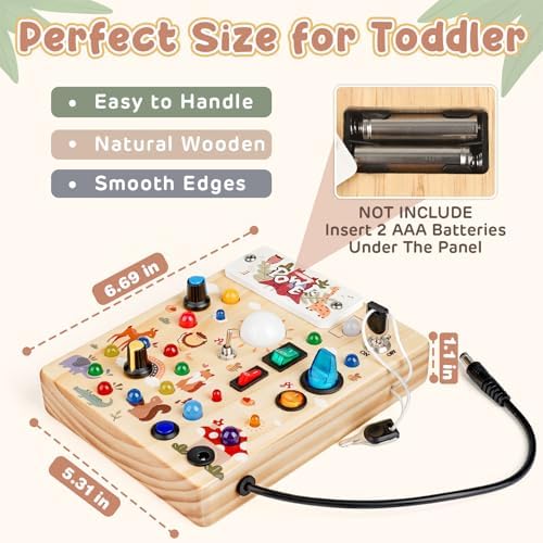 Joyreal Wooden Busy Board with LED Lights, Montessori Sensory Toys for Toddlers, Activity Fidget Board Travel Toys for Fine Motor Skills & Learning, Gifts for 1-3 Year Old Boys & Girls (Forest Theme)