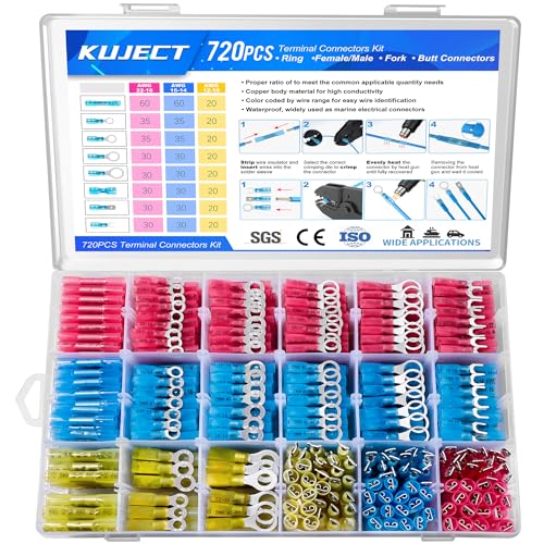 Kuject 720PCS Heat Shrink Wire Connectors Kit, Electrical Waterproof Crimp Butt Terminals, Insulated Spade Connectors for Automotive Marine Boat Truck, Include Rings Forks Spade Butt Splices