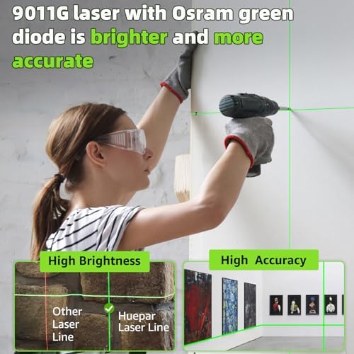 Huepar Laser Level, 100ft Self Leveling Green Cross Line Laser for Picture Hanging, Tile, Decoration & DIY Indoor Construction – 360° Magnetic Base & Battery Included