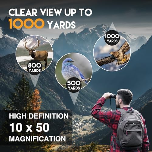 10x50 HD Binoculars for Adults High Powered, Waterproof & Compact Binoculars for Bird Watching, Hunting, Travel–Low Light Vision, Non-Slip Grip, Durable Optics