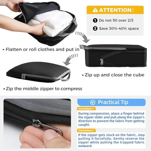 BAGAIL 4 Set/6 Set/8 Set Compression Packing Cubes Travel Accessories Expandable Packing Organizers (Cloth Pattern, 4-Black)