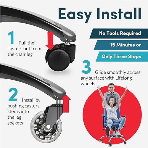 Lifelong Gaming Chair Wheels Replacement RGB Rubber Office Chair Casters for Carpet and Hardwood Floors, Set of 5, Heavy Duty Caster Wheels for Desk Chairs - Fits 98%