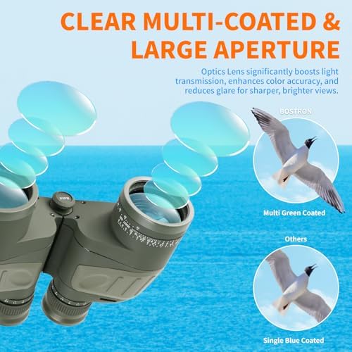 10X50 Marine Binoculars with Rangefinder Compass,Phone Adapter,Strap,BAK4 Lens,Shockproof Military Tacticle IPX7 Floating Waterproof Binocular for Adults Sailing Boating Hunting Birdwatching
