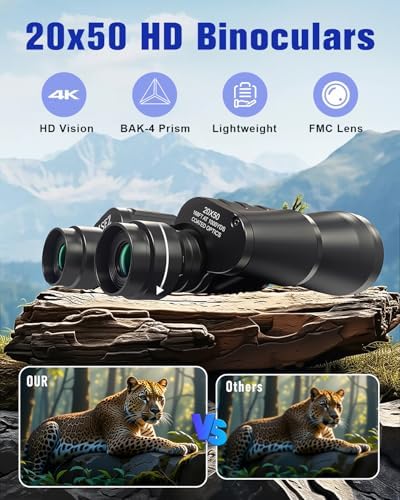 20x50 High Powered Binoculars for Adults, Clear Durable Binoculars for Bird Watching Sightseeing Wildlife Watching Travel Hunting Football Games Stargazing with Carrying Case & Strap