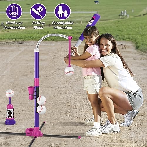4 in 1 T Ball Sets for Kids 3-5 with Toss and Catch Ball Set, Hanging Tee Stand with Auto Pitching Machine/ 2 Bats, Indoor Outdoor Toys Baseball Gifts for Toddler Boys Girls, Purple