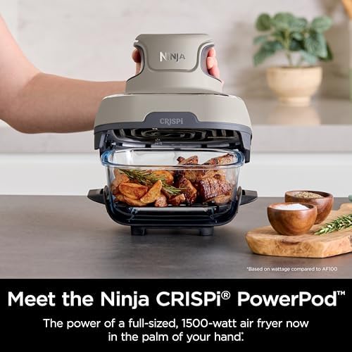 Ninja Crispi Air Fryer, Microwave, Freezer & Dishwasher Safe, Non Toxic Glass Portable Cooking System, 4 QT & 6 Cup Glass Containers with Storage Lids, Easy Meals, Air Fry, Bake, Stone, FN101ST