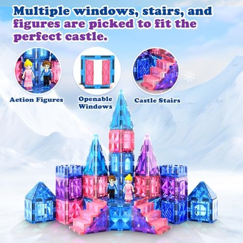 Magnetic Tiles 102pcs with 2 Stairs 2 Dolls Princess Castle Building Girls Toys Age 4-5 6-8 Magnetic Blocks Birthday Xmas Gifts for Girls Toys for 3 4 5 6 7 8+ Year Old