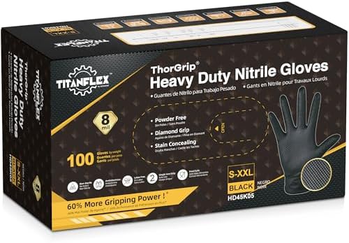TitanFlex Thor Grip Heavy Duty Black Industrial Nitrile Gloves with Raised Diamond Texture, 8-mil, Latex Free