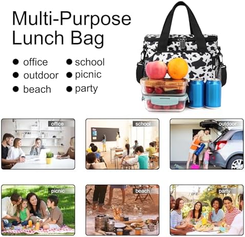 Femuar Lunch Bags for Women/Men, Insulated Lunch Bag for Work Office - Lunch Cooler Bag Leakproof Lunch Box with Adjustable Shoulder Strap - Cow print