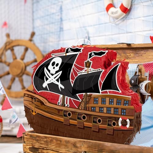 WERNNSAI Pirate Piñata - Pirate Ship Piñata with Blindfold and Bat for Boys Kids Caribbean Pirate Piñata Birthday Party Favors Decorations Family Games Pirate Party Supplies 16.4” x 12.4”