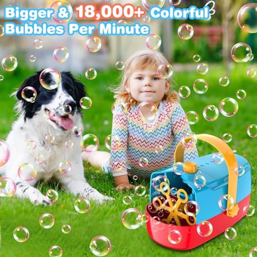 Bubble Machine Durable Automatic Bubble Blower, 18000+ Big Bubbles Per Minute Bubbles for Kids Toddlers Bubble Maker Operated by Plugin or Batteries Bubble Toys for Indoor Outdoor Birthday Party