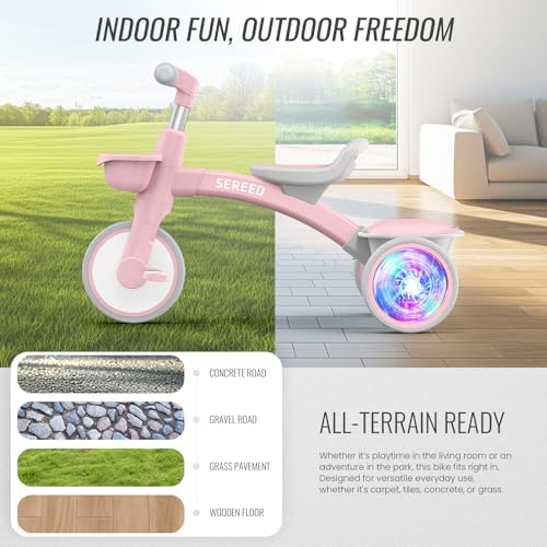 SEREED Colorful Lighting Toddler Tricycle for 2-5 Years Old Girls, Adjustable Seat&Handlebar Trike, Removable Basket, Birthday Gift Idea for Kids Ages 2+ (Pink)