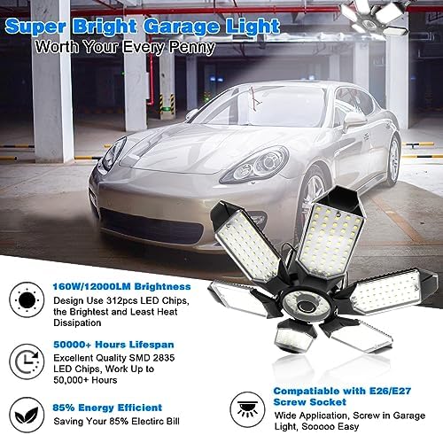 Garage Lights - 2Pack Super Bright 32000LM LED Garage Ceiling Light 6500K LED Shop Light w/ 6 Deformable Panels Screw in E26/E27 Socket Light Bulbs for Workshop Storage Warehouse Attic