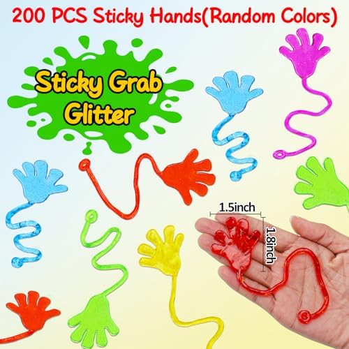 200PCS Glitter Sticky Hand Party Favors for Kids Birthday Supplies Goodie Bag Stuffers Classroom Treasure Box Carnival Prizes Bulk Goody Treat Gift Trinkets Stuff Pinata Fillers Mini Stretchy Toys