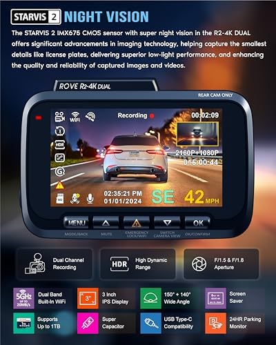 ROVE R2-4K DUAL Dash Cam Front and Rear, STARVIS 2 Sensor, FREE 128GB Card Included, 5G WiFi - up to 20MB/s Fastest Download Speed with App, 4K 2160P/FHD Dash Camera for Cars, 3" IPS, 24H Parking Mode
