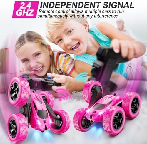 RC Cars, Rose Remote Control Car for Girls, 2.4 GHZ Double Sided RC Stunt Car 360° Rotating Remote Control Crawler with Headlights Car Toys for 6 7 8 9 10 11 12 Girls Birthday Gift