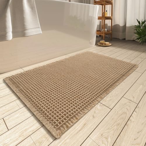 AMOAMI Upgraded Waffle Bath Mat, Super Absorbent Non Slip Bath Mats for Bathroom Floor, Machine Washable Bathroom Rugs with Tassels, Rubber Backed Bathroom Mats, Ultra Soft, 18" x 30", Brown
