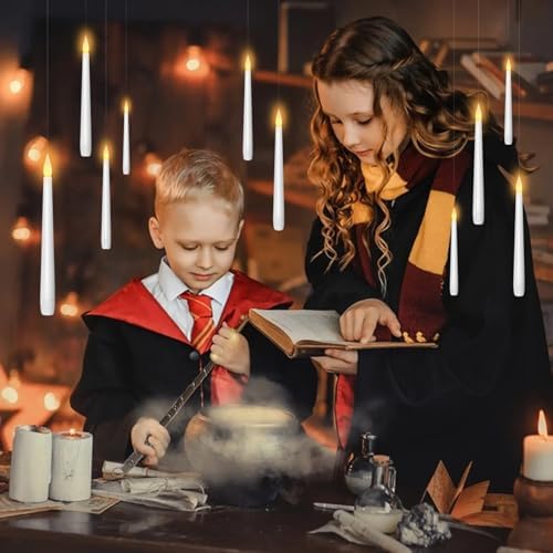 Flameless Floating Candles with Wand,20 Pcs Magic LED Hanging Taper Candles,Flickering Battery Operated Taper Candle with Wand Remote for Halloween Decorations Best Gift(White)