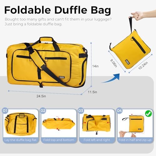 Fmeida 65L Duffle Bag with Shoes Compartment, Foldable Travel Duffel Bags for Men Women, Large Packable Travel Bag Water Repellent & Tear Resistant (Yellow)