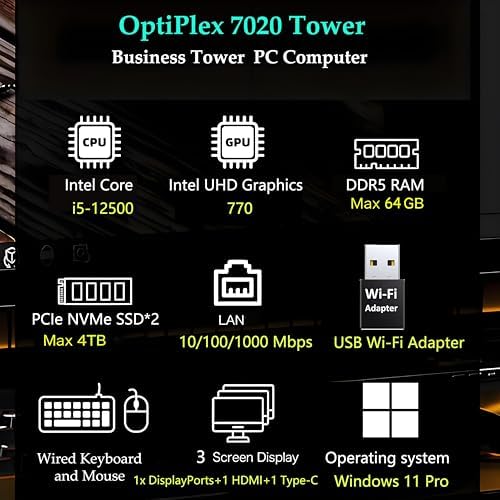 Dell OptiPlex 7020 Desktop Computers, 7000 Tower PC, Intel 6-Core i5-12500 (Beat i7-11700), 32GB DDR5 RAM, 1TB PCIe SSD, DVDRW, WiFi Adapter, RJ-45, HDMI, DisplayPort, KB and Mouse, Windows 11 Pro