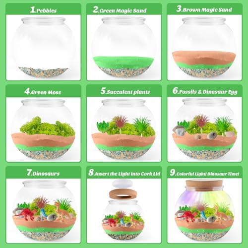 Dinosaur Light-Up Terrarium Kit for Kids - LED Night Light Birthday Gift for Boys Ages 4 5 6 7 8-12 Year Old - Dinosaur Toys for Boys - DIY Arts and Crafts Kit for Kids