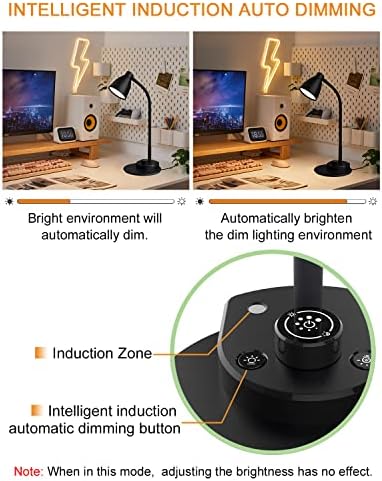 BOHON LED Desk Lamp with USB Charging Port 3 Color Modes Dimmable Reading Light Intelligent Induction Auto Dimming Task Lamp Flexible Gooseneck Table Lamp for Bedside Office, AC Adapter Include