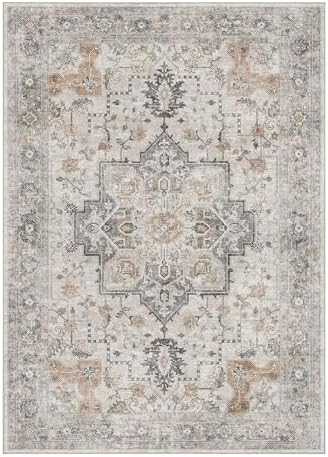 GENIMO 5X7 Area Rugs for Living Room, Machine Washable Non Slip Vintage Rugs, Low Pile Lightweight Chenille Print Rug for Bedroom, Dining Room, Home Office, Light Taupe Brown