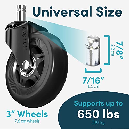 Lifelong Office Chair Wheels Replacement Rubber Chair Casters for Hardwood Floors and Carpet, Set of 5, Heavy Duty Casters for Chairs to Replace Office Chair Mats - Fits 98% (10 Pack)