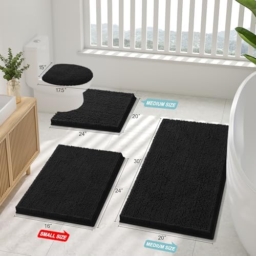 Smiry Luxury Chenille Bathroom Rugs 36x24, Extra Soft and Absorbent Shaggy Bath Mat, Machine Washable, Non-Slip Plush Carpet Runner for Tub, Shower, and Floor, Home Decor Accessories, Black