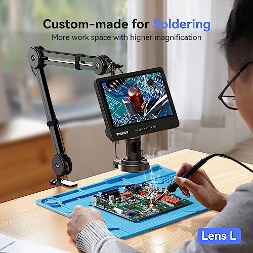 TOMLOV DM602 Flex Digital Soldering Microscope 2000x, Flexible Arm, 10.1" HDMI Microscope with 3 Lens, Coin Magnifier with Ring Light, Adults LCD Video Magnifying Glass, Electronic Repair Mat,64GB