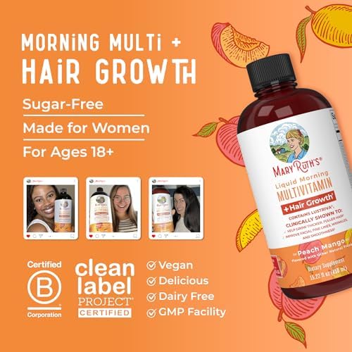 MaryRuth's Liquid Multivitamin + Hair Growth | Biotin 10000mcg | Lustriva Hair Growth Supplement | Clinically Tested in Women for Thicker Hair & Facial Wrinkles | Skin Care | Ages 18+ | 15.22 Fl Oz